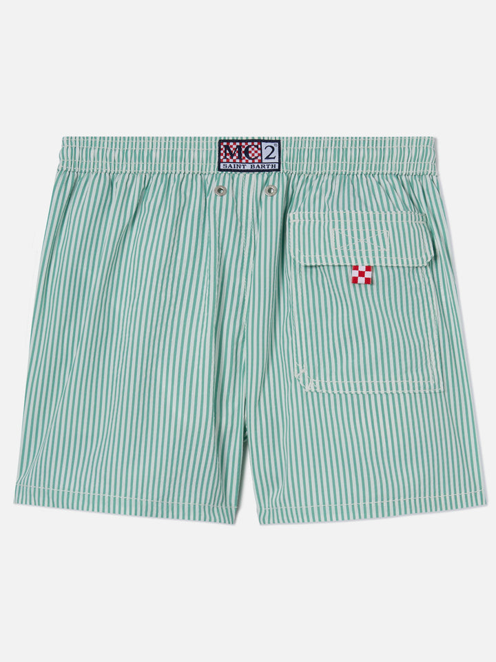 Patmos Jr seersucker swim shorts striped with St. Barth embroidery