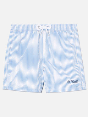 Patmos Jr seersucker swim shorts striped with St. Barth embroidery