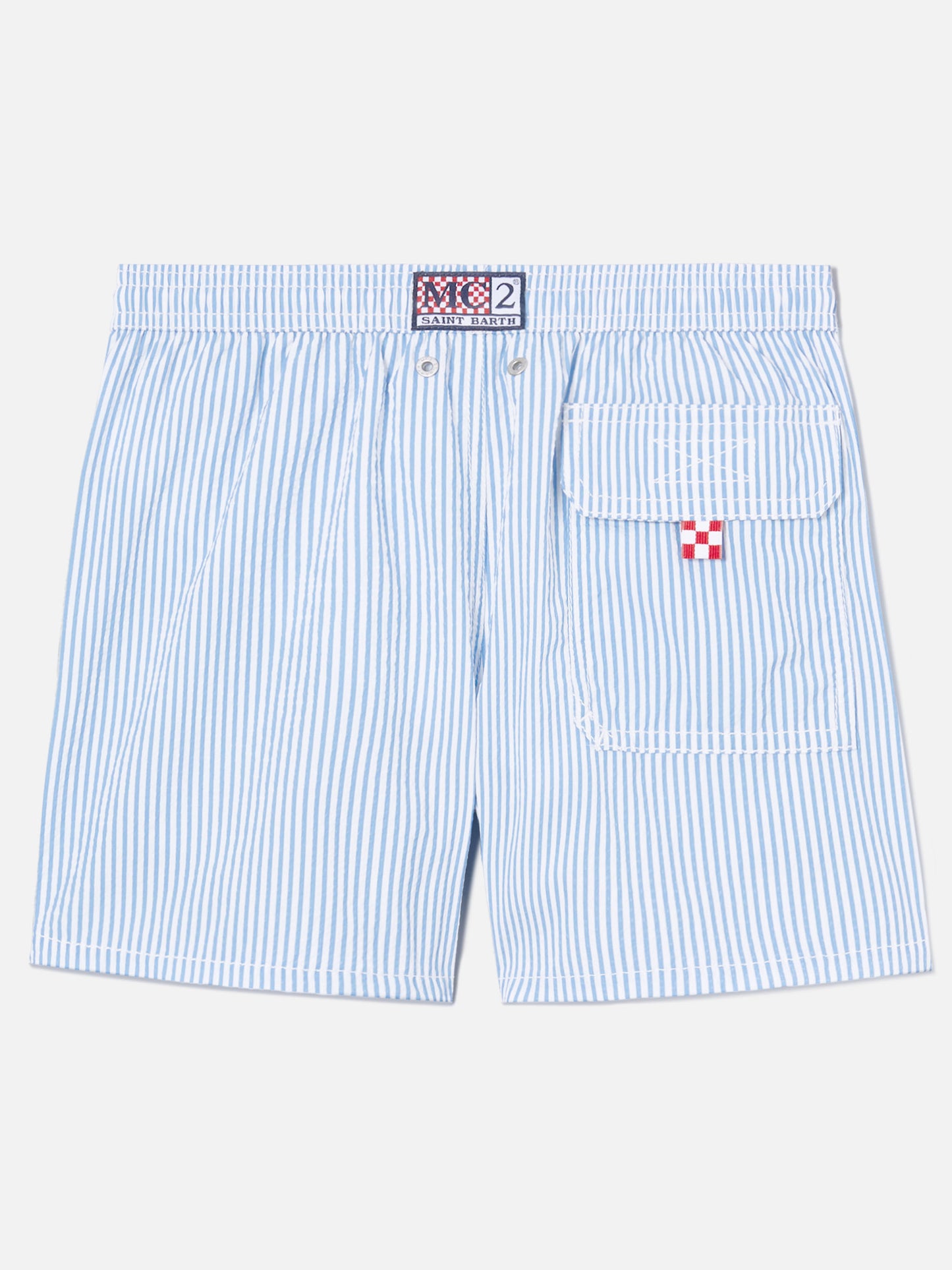 Patmos Jr seersucker swim shorts striped with St. Barth embroidery