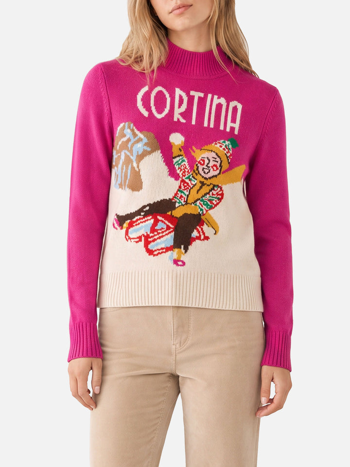 Fuchsia Peak sweater with Cortina print