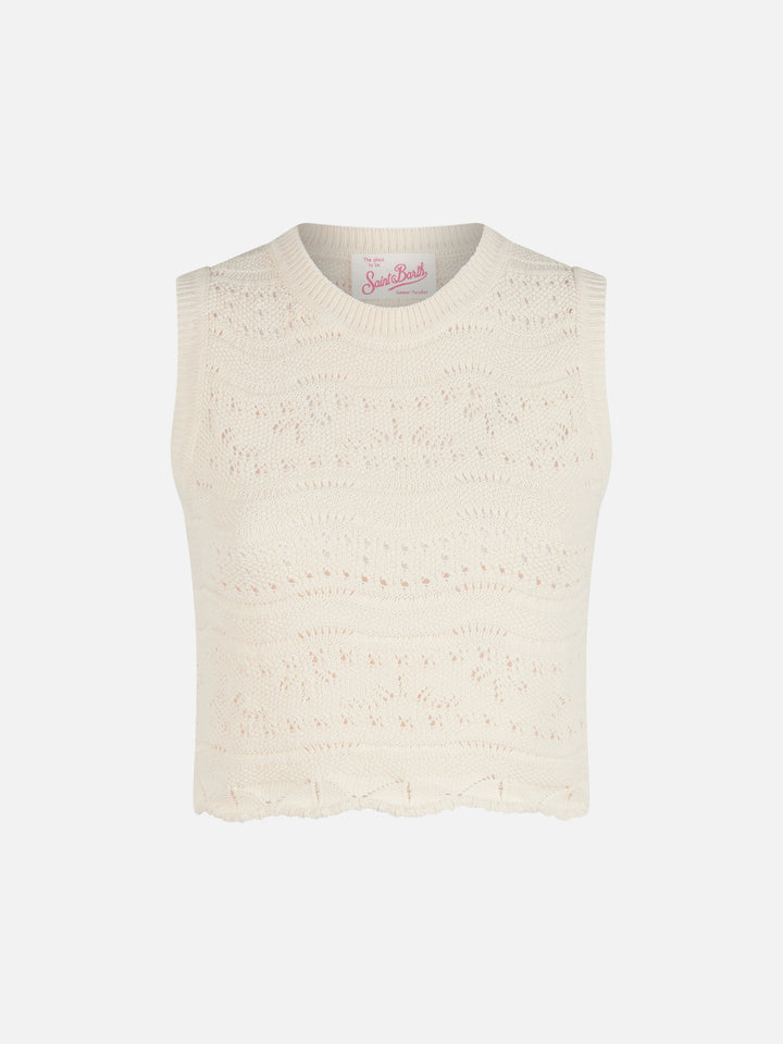 Top de punto de algodón blanco Peach 