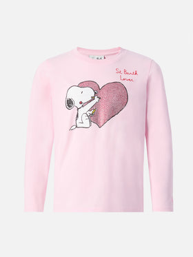T-shirt Penny in cotone rosa a maniche lunghe con stampa Snoopy e applicazione in strass | PEANUTS SPECIAL EDITION