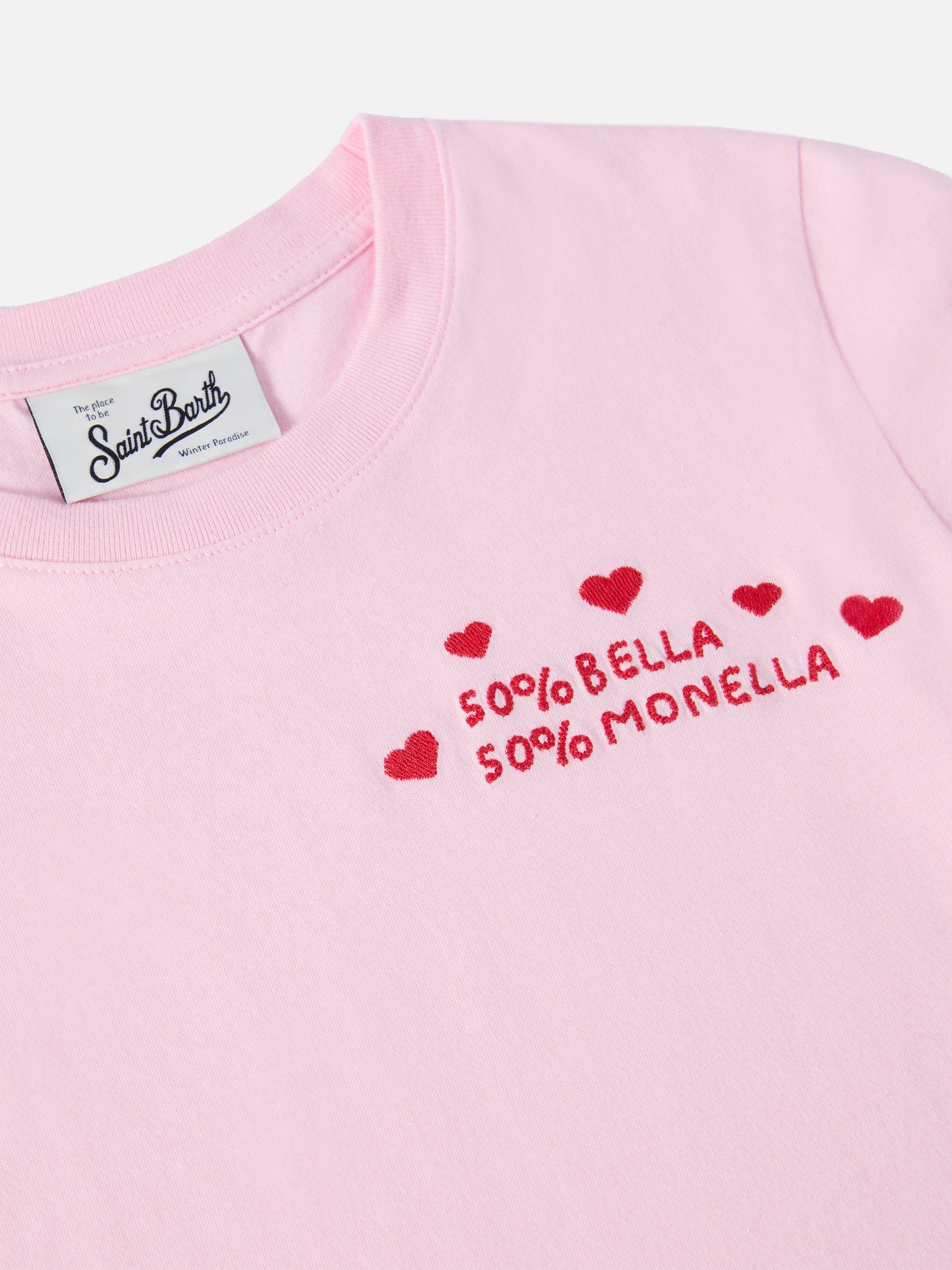 Penny long-sleeve cotton T-shirt in pink with Bella e Monella embroidery