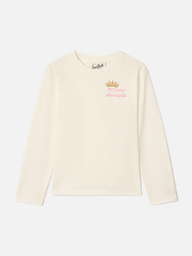 Camiseta de manga larga en algodón Cream Penny con bordado Miss Sono Stancata 