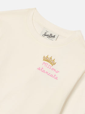 Camiseta de manga larga en algodón Cream Penny con bordado Miss Sono Stancata 