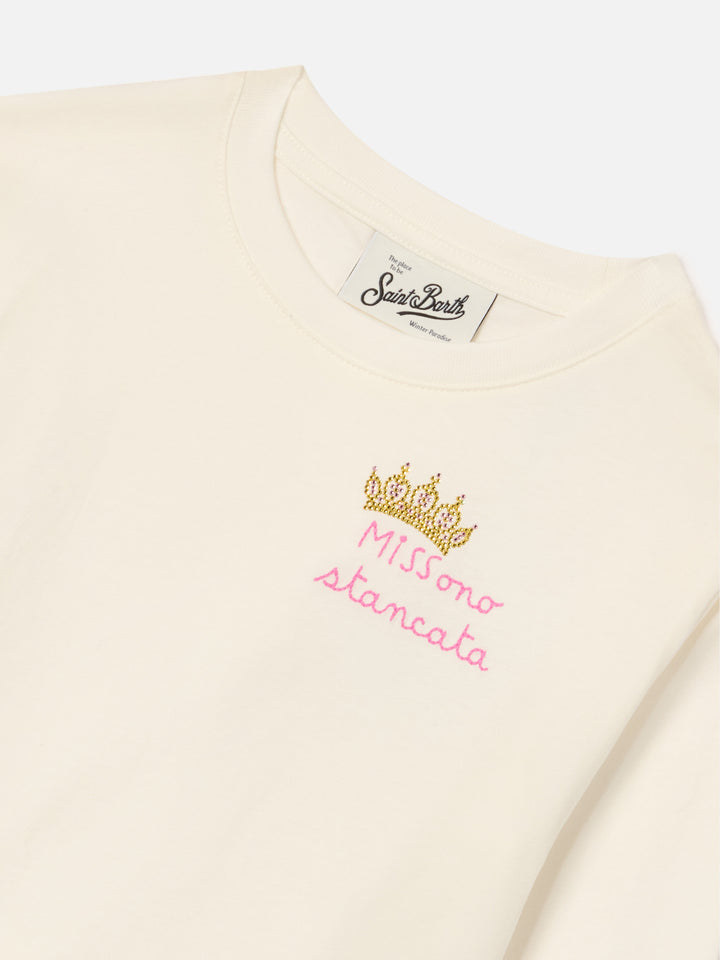 Cream Penny cotton long sleeve t-shirt with Miss Sono Stancata embroidery