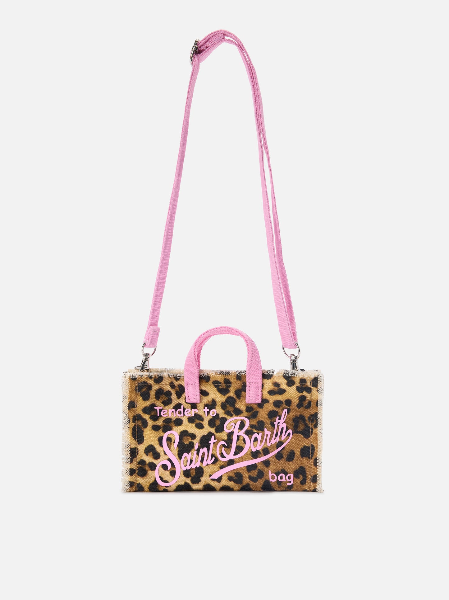 Bolso de lona Micro Phone con estampado de leopardo y logo en contraste rosa 