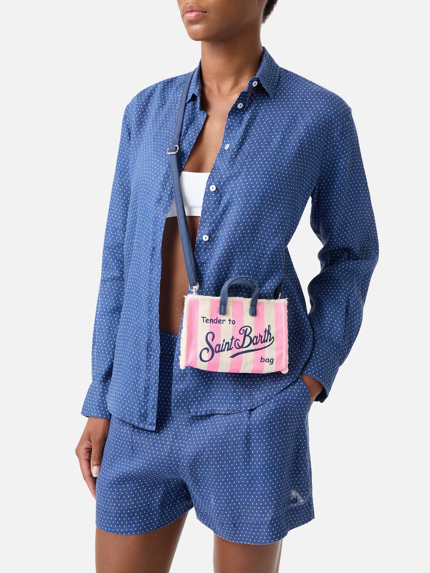 Bolso de lona Micro Phone con rayas blancas y rosas y logo en contraste 