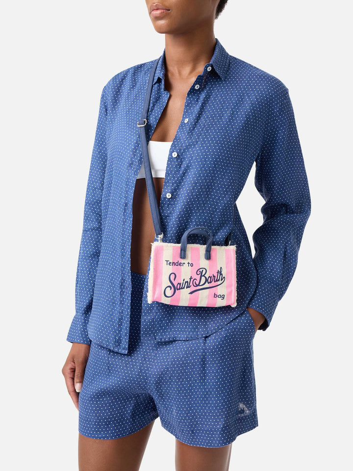 Micro Phone canvas bag with white and pink stripes and contrasting logo