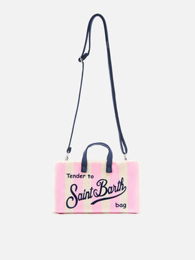 Bolso de lona Micro Phone con rayas blancas y rosas y logo en contraste 
