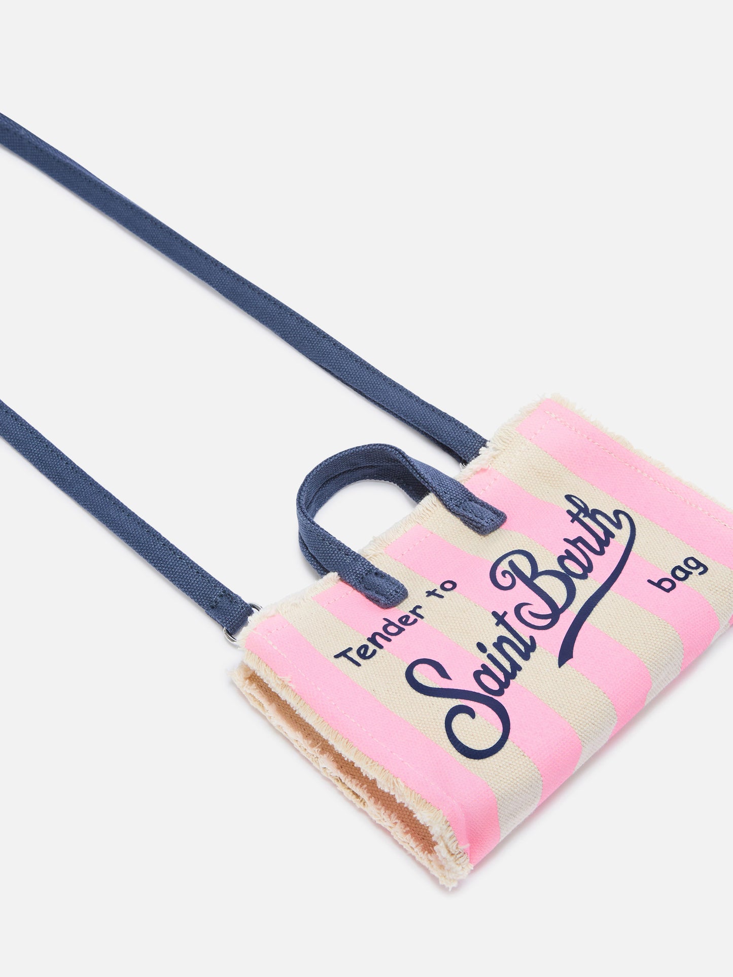 Bolso de lona Micro Phone con rayas blancas y rosas y logo en contraste 
