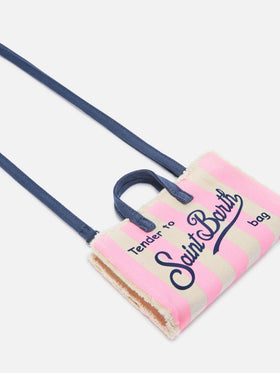 Bolso de lona Micro Phone con rayas blancas y rosas y logo en contraste 