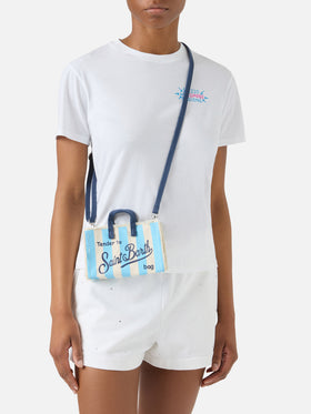 Bolso de lona Micro Phone con rayas blancas y azul claro y logotipo en contraste 