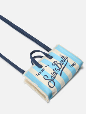 Sac en toile Micro Phone à rayures blanches et bleu clair avec logo contrasté 
