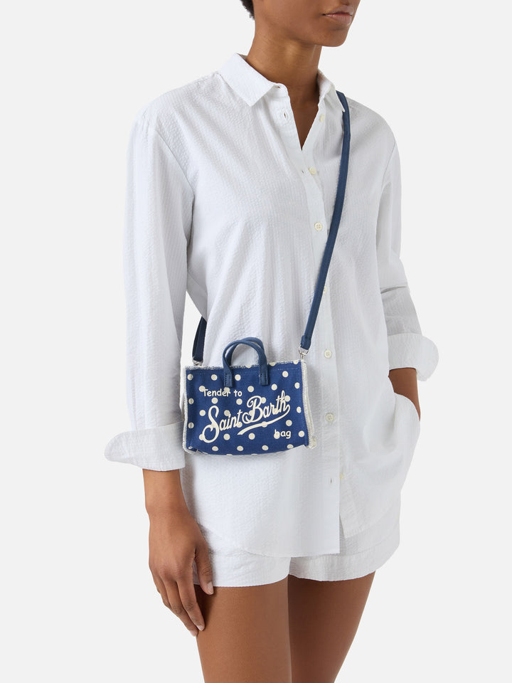 Borsa Phone micro in canvas blu a pois con logo a contrasto
