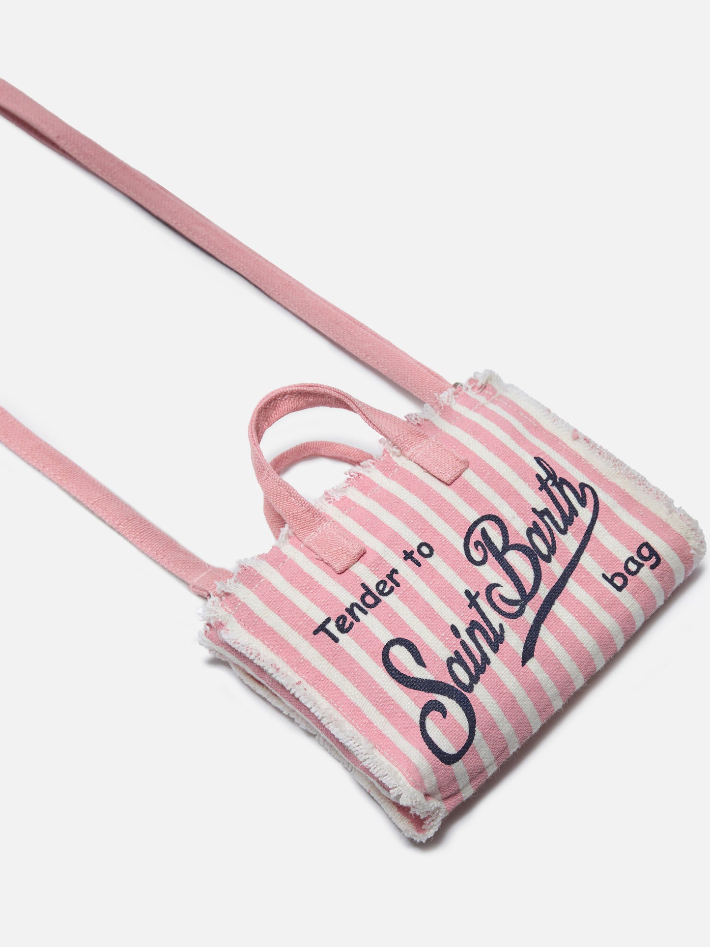 Sac en lin Micro Phone à rayures roses et blanches avec logo contrasté 