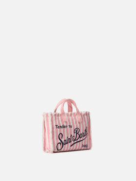 Sac en lin Micro Phone à rayures roses et blanches avec logo contrasté 