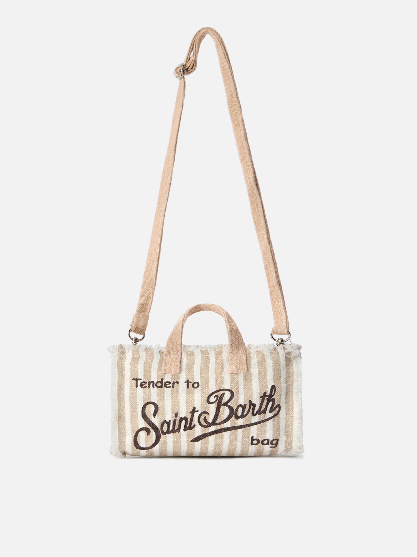 sac micro Phone en lin à rayures beige et blanches avec logo contrasté 