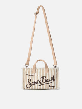 sac micro Phone en lin à rayures beige et blanches avec logo contrasté 