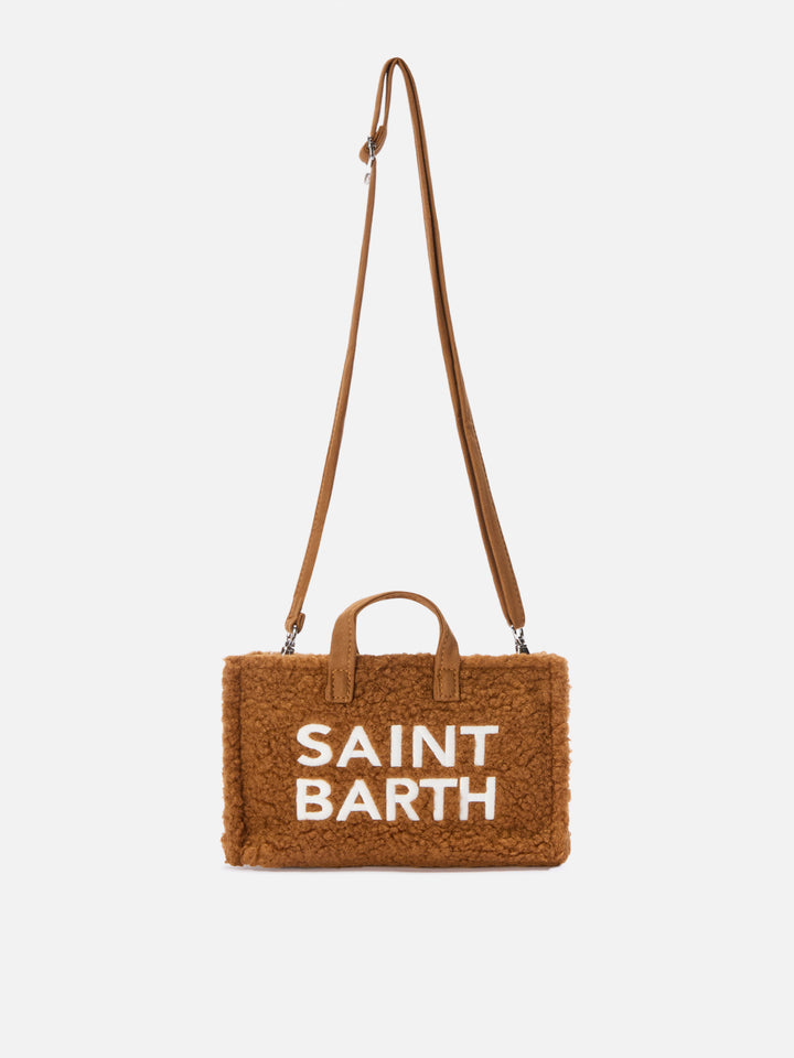 Braune Phone Bag aus Teddy-Stoff mit Logostickerei 