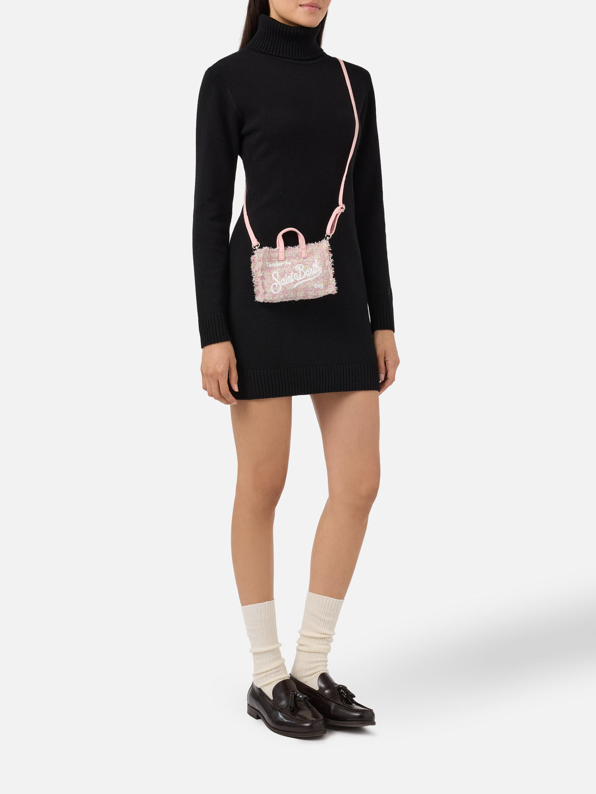 Pink Phone Bag in tweed with logo embroidery