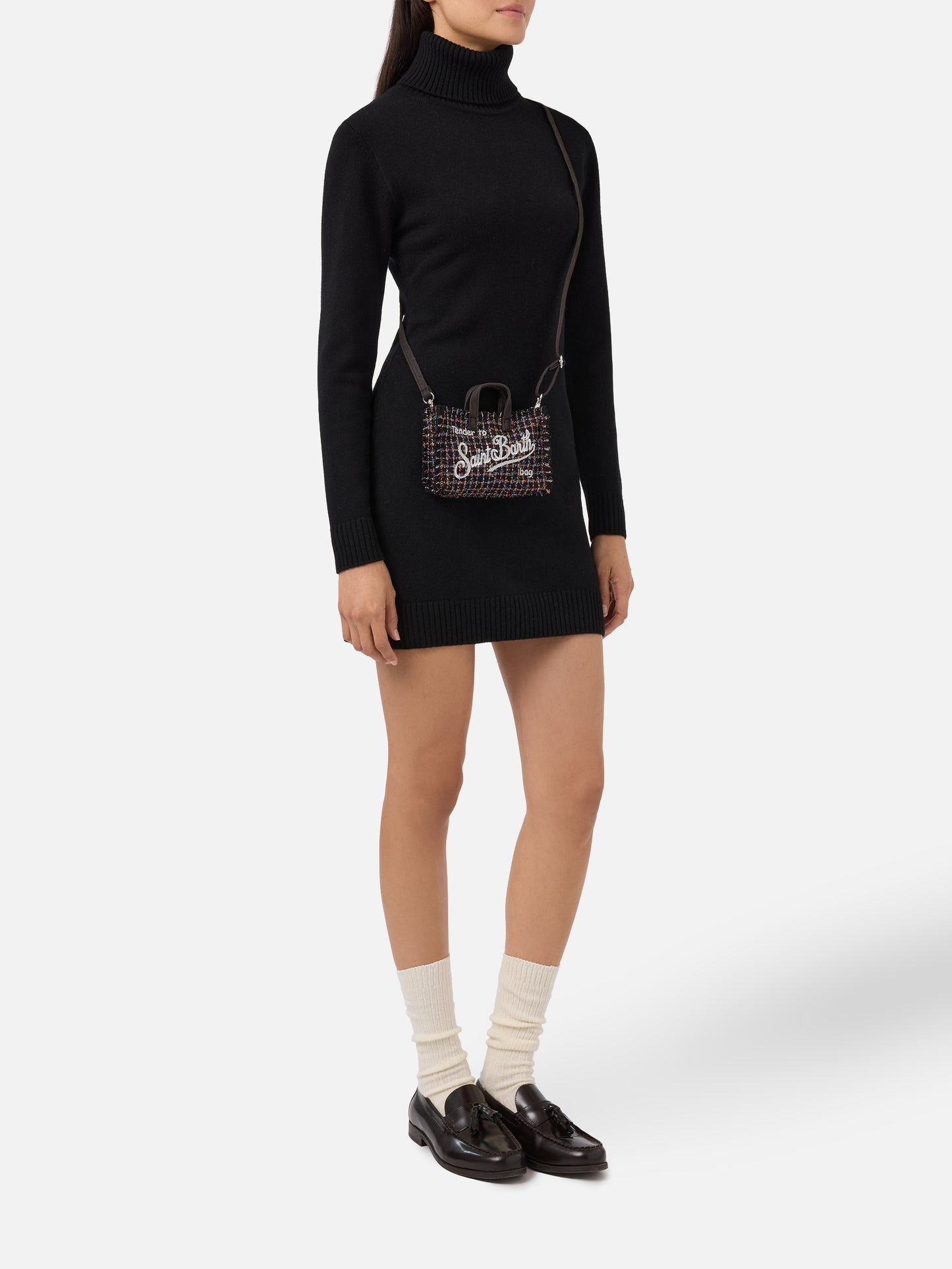 Mini-Handytasche aus schwarzem Lurex-Tweed