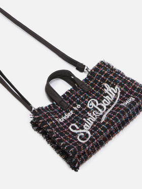 Phone Bag nera in tweed con ricamo logo