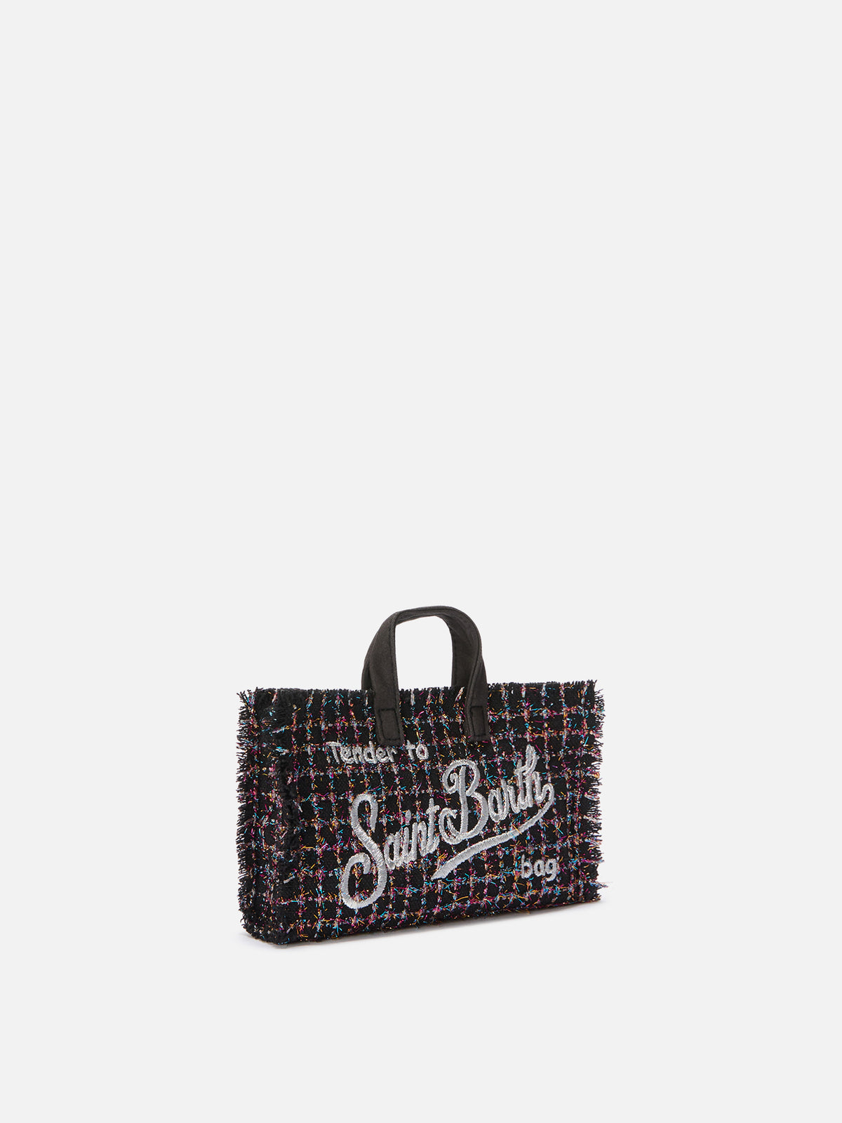 Phone Bag nera in tweed con ricamo logo