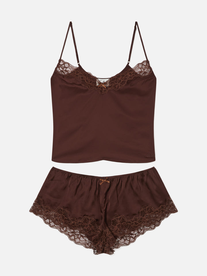 Dark brown Pilar top and shorts set with lace
