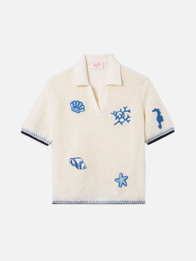 Pixie openwork knit polo with marine patches