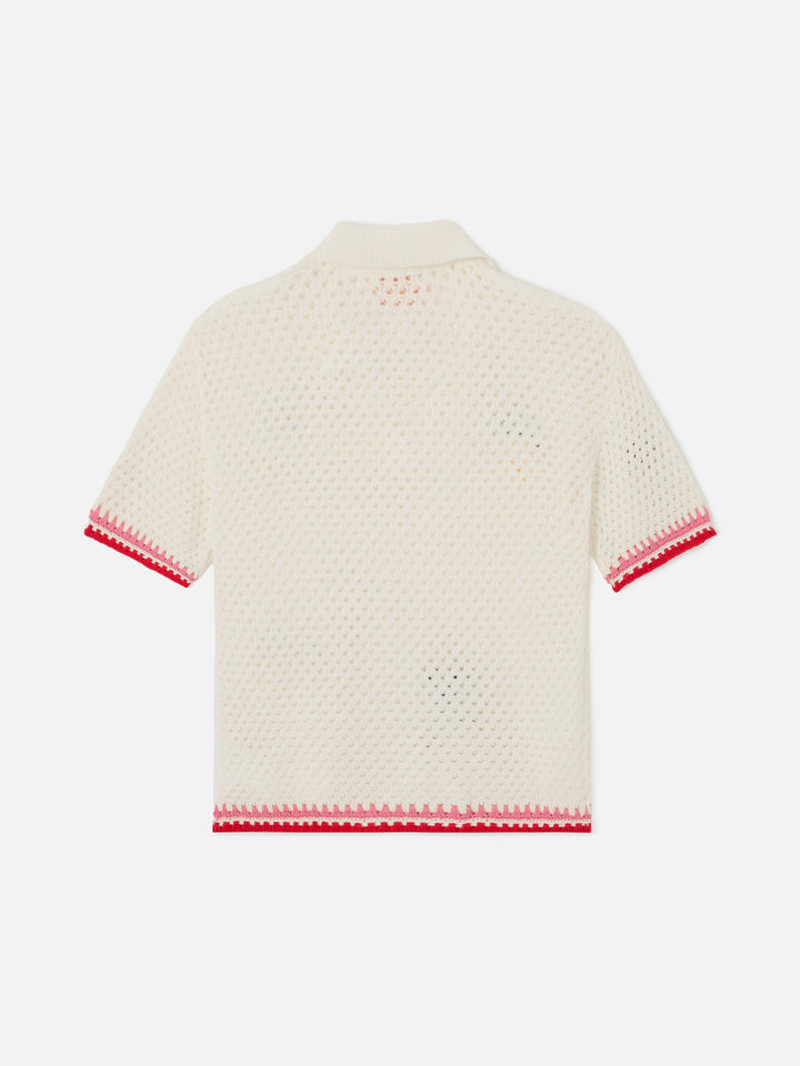 Pixie Jr Polo in white cotton blend with embroidered patches