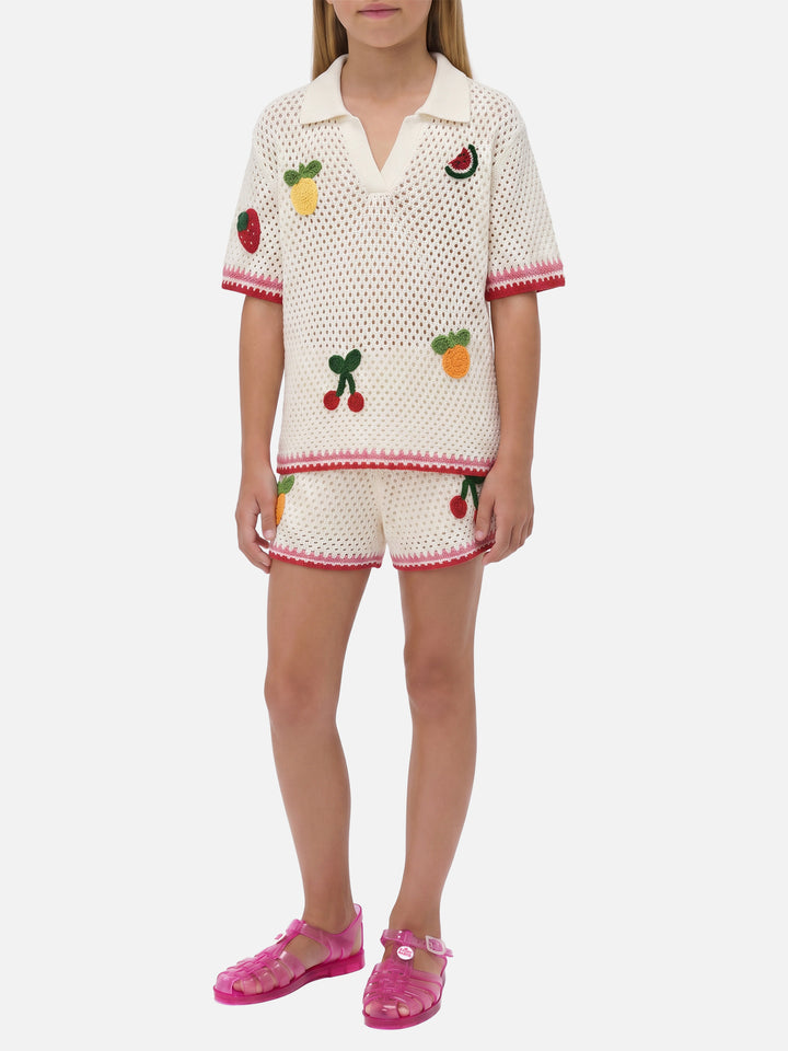 Polo Pixie Jr in misto cotone bianca con patch ricamate