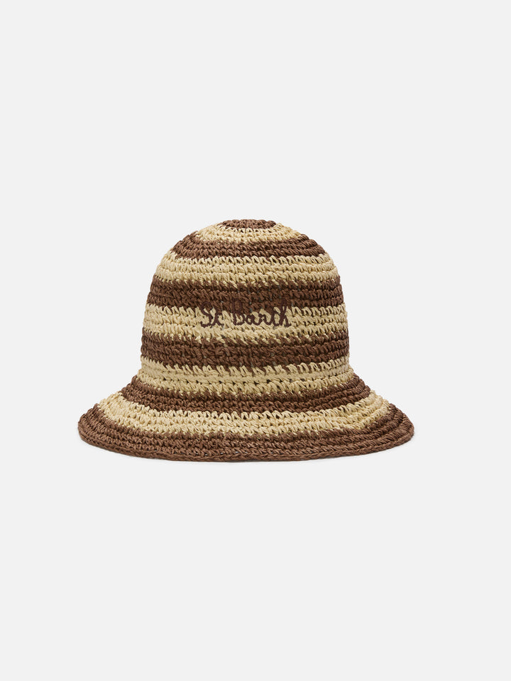Cappellino Polly bucket hat a righe beige e marroni con logo ricamato