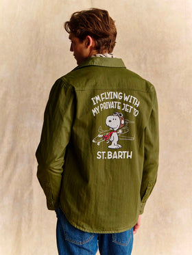 Camicia Pioneer verde militare in cotone spigato con stampa Snoopy sul retro | Special edition