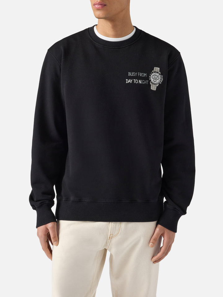 Black Ponza sweatshirt with Busy From Day To Night embroidery