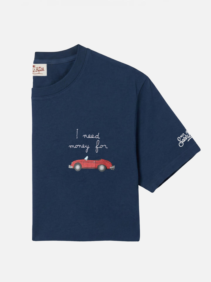 Navy blue Portofino t-shirt with car and I need money for embroidery