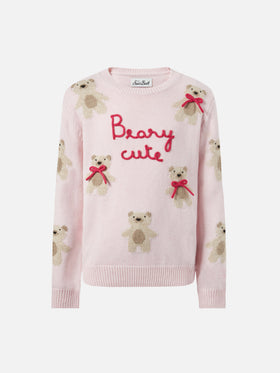 Princess cashmere-blend crewneck with teddy-bear jacquard and bow appliqués