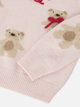 Princess cashmere-blend crewneck with teddy-bear jacquard and bow appliqués