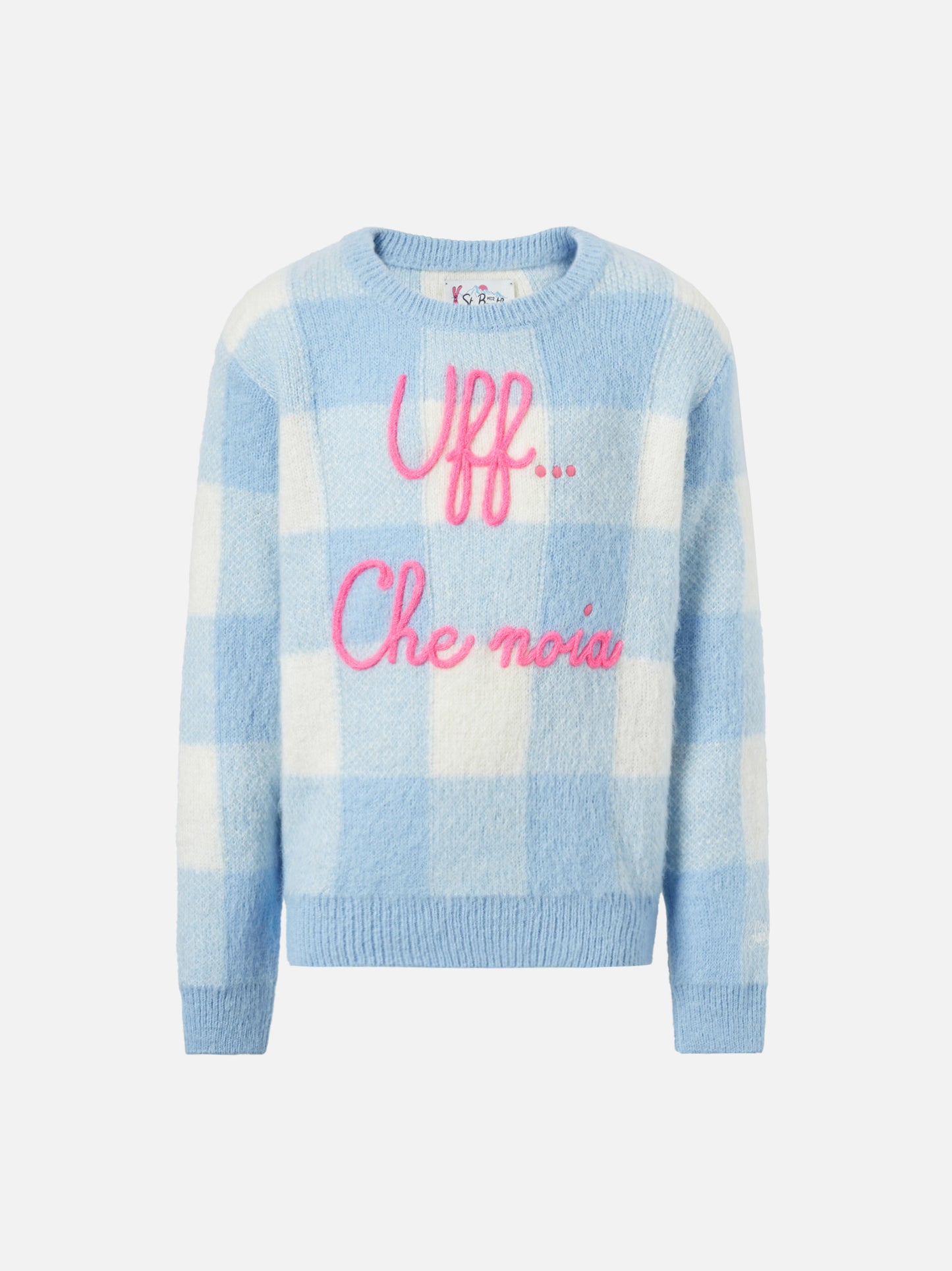 Rundhalspullover mit Karomuster und Uff… che noi-Stickerei