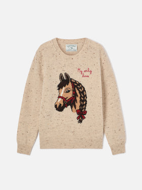Beiger Donegal-Strick-Crewneck aus Wollmischung Princess mit Pferde-Intarsie und My Only Love-Stickerei 