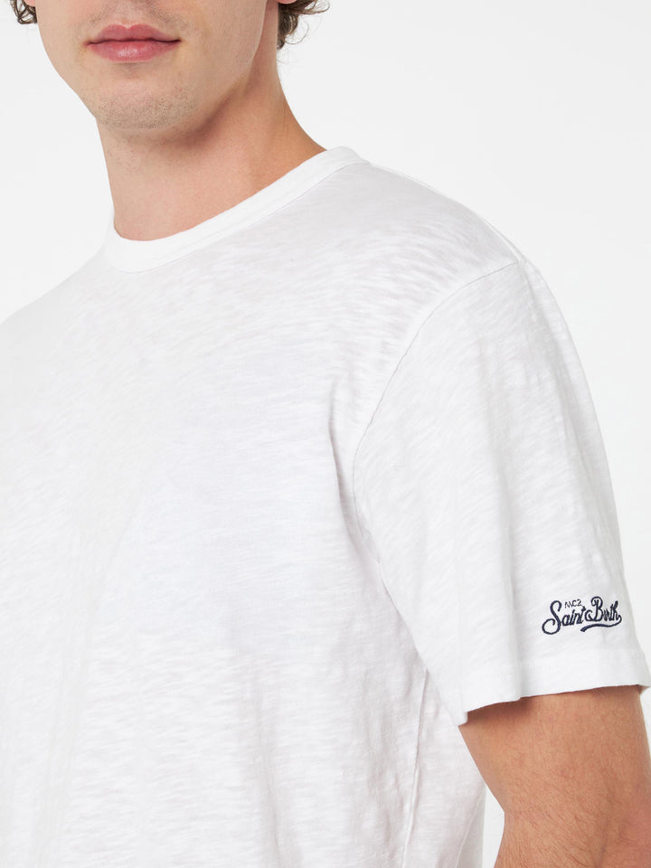 Weißes geflammtes Baumwoll-T-Shirt President mit Stickerei