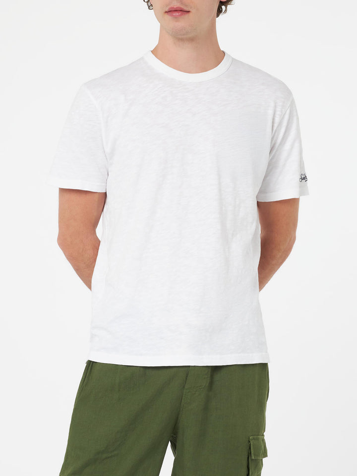 Weißes geflammtes Baumwoll-T-Shirt President mit Stickerei