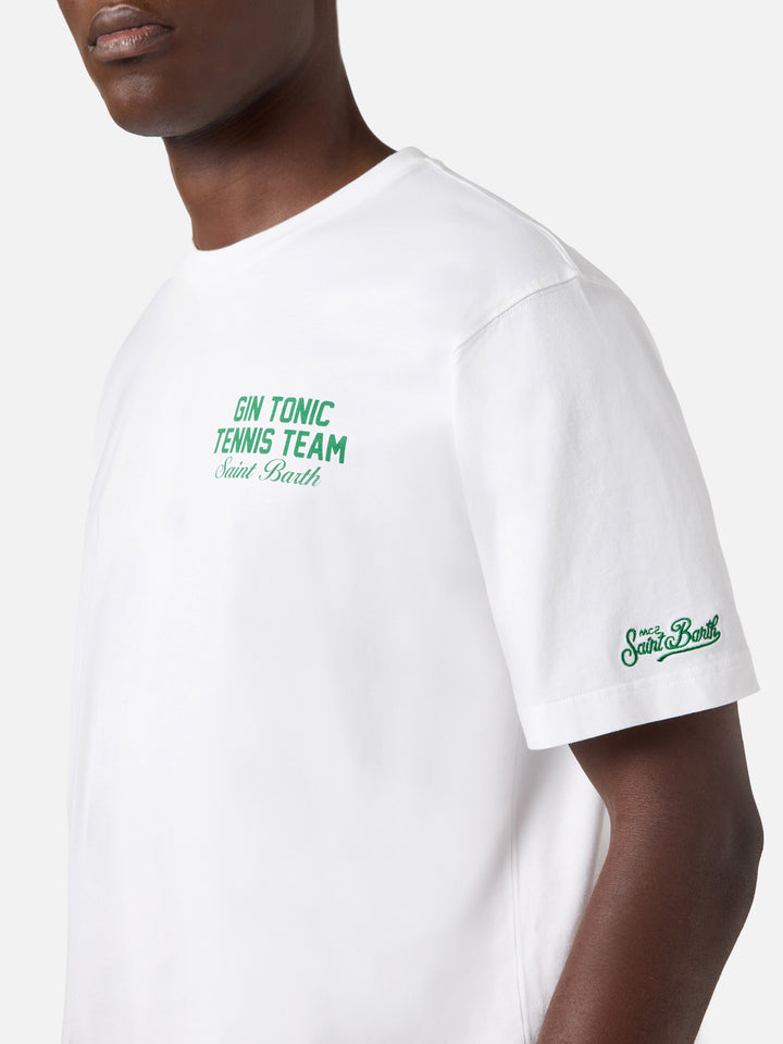 White Portland t-shirt with Gin Tonic Tennis Team illustration