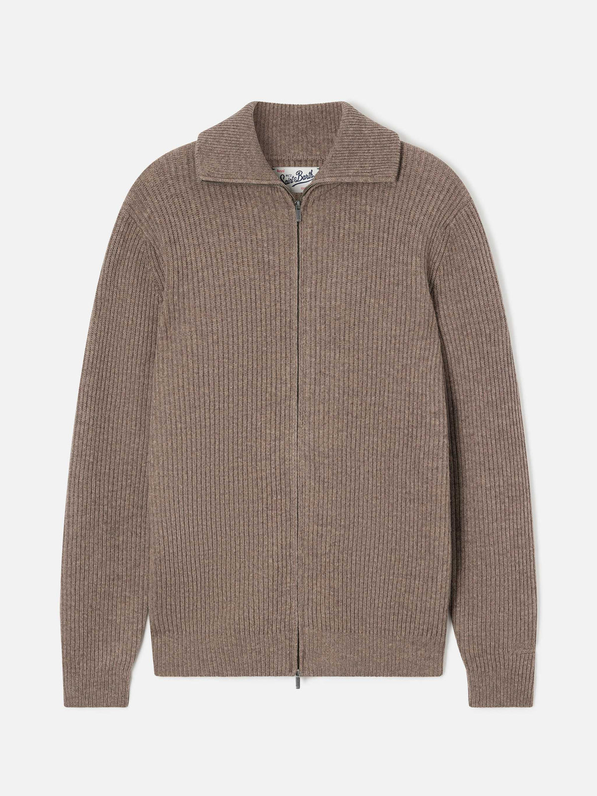 Beige Preston wool knit cardigan with full zip