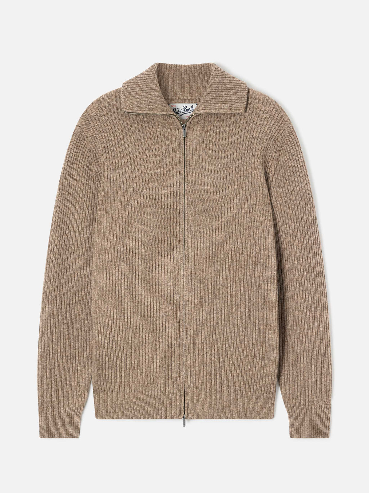 Beige Preston wool knit cardigan with full zip