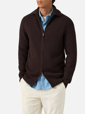 Preston pure-wool full-zip cardigan in dark brown