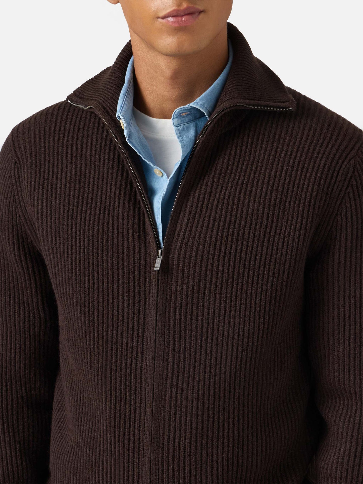 Preston pure-wool full-zip cardigan in dark brown