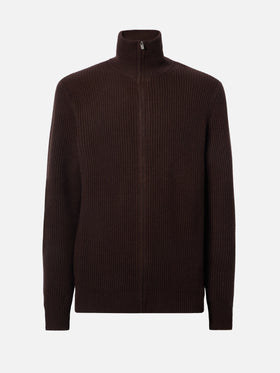 Preston pure-wool full-zip cardigan in dark brown