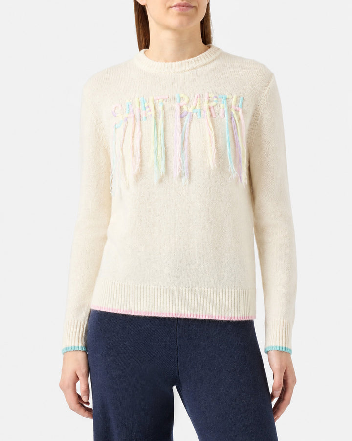 Brushed crewneck with Saint Barth fringed embroidery