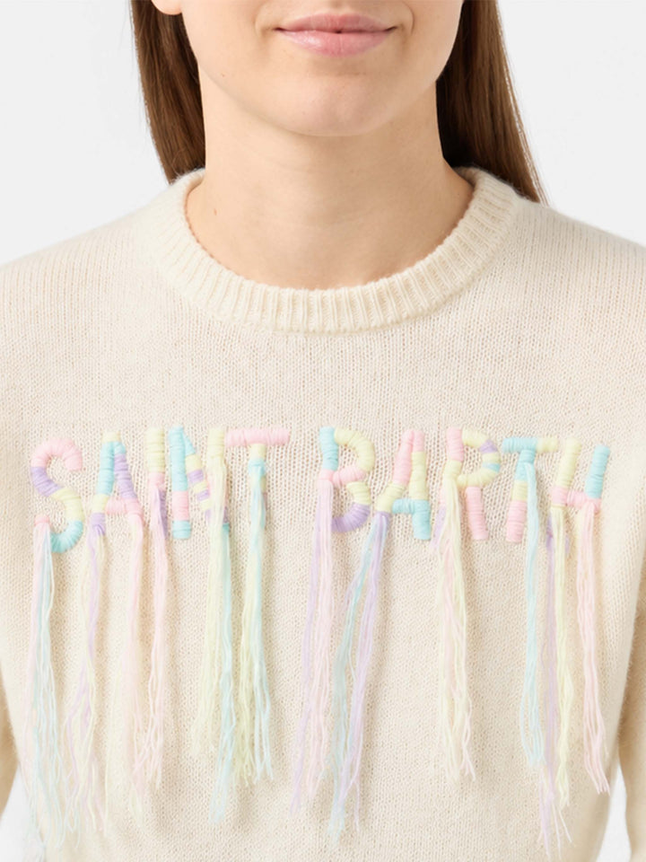 Brushed crewneck with Saint Barth fringed embroidery